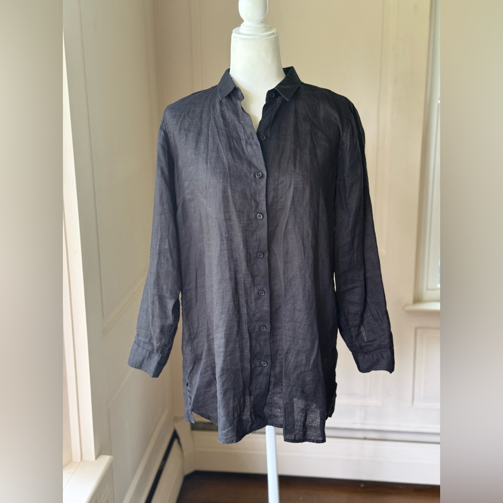 Garnet Hill Black Linen Button Up Shirt